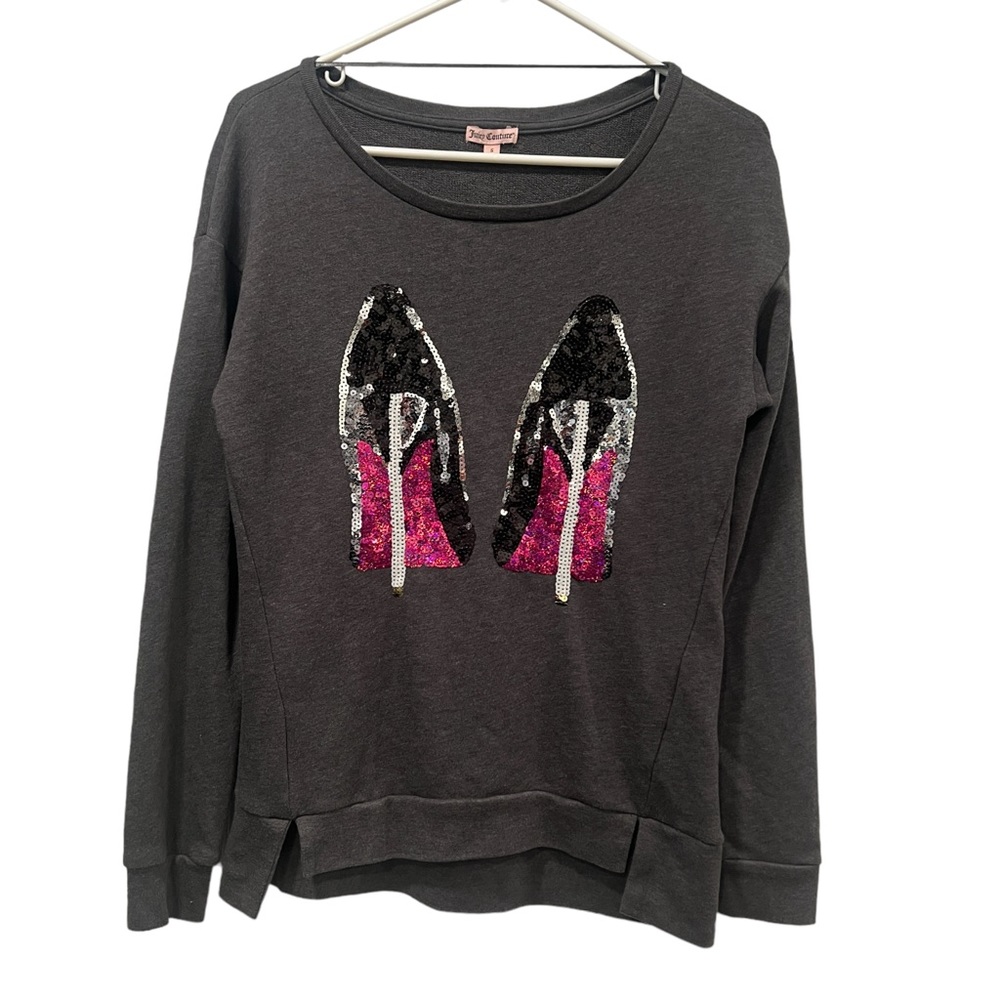 Juicy Couture Sequin Sweatshirt Womens Size S Gray High Heel Long Sleeve Top